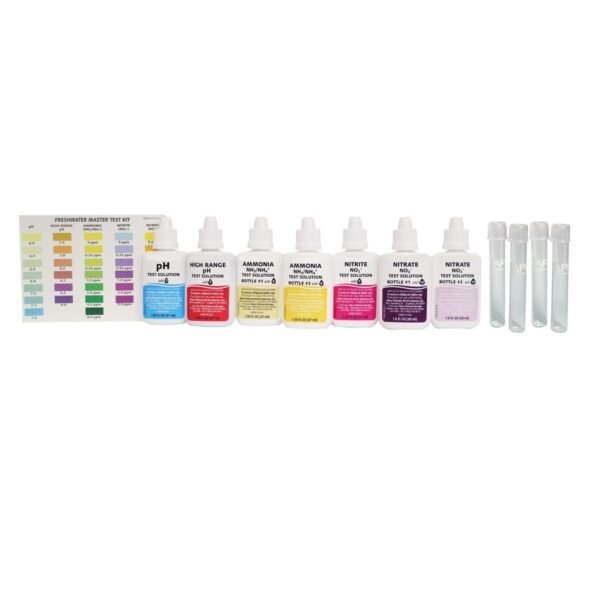 Contents of the API aquarium master test kit: 7 test solutions, 4 glass test tubes, holding tub and color chart