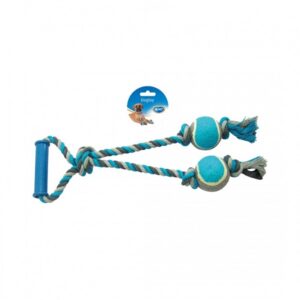 Duvo Tug Toy Knotted Cotton Loop & 2 Tennis Balls Grey/Blue 43cm[Length - 43cm]
