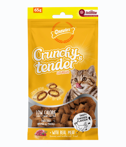 GN12053 Gnawlers Crunchy & Tender Cat Treats 65g - Chicken Flavour - Image 1