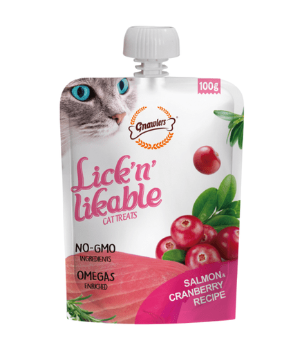 GN12183 Gnawlers Lick 'n' Lickable Cat Treats 100g - Salmon & Cranberry - Image 1