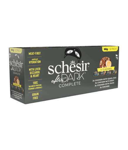 SCINV21119904 Schesir After Dark Wholefood In Broth Variety Pack For Cat 960g (80g x12 Cans) - 4 Flavors (3 Cans Each Flavor) - Image 1