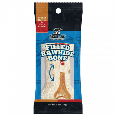 604002-filled-rawhide-bone-pbj-packaged-front-may-2018-rgb72dpi.png Redbarn Filled Rawhide Bone Peanut Butter & Jelly Flavour Dog Treat - 70G - Image 1