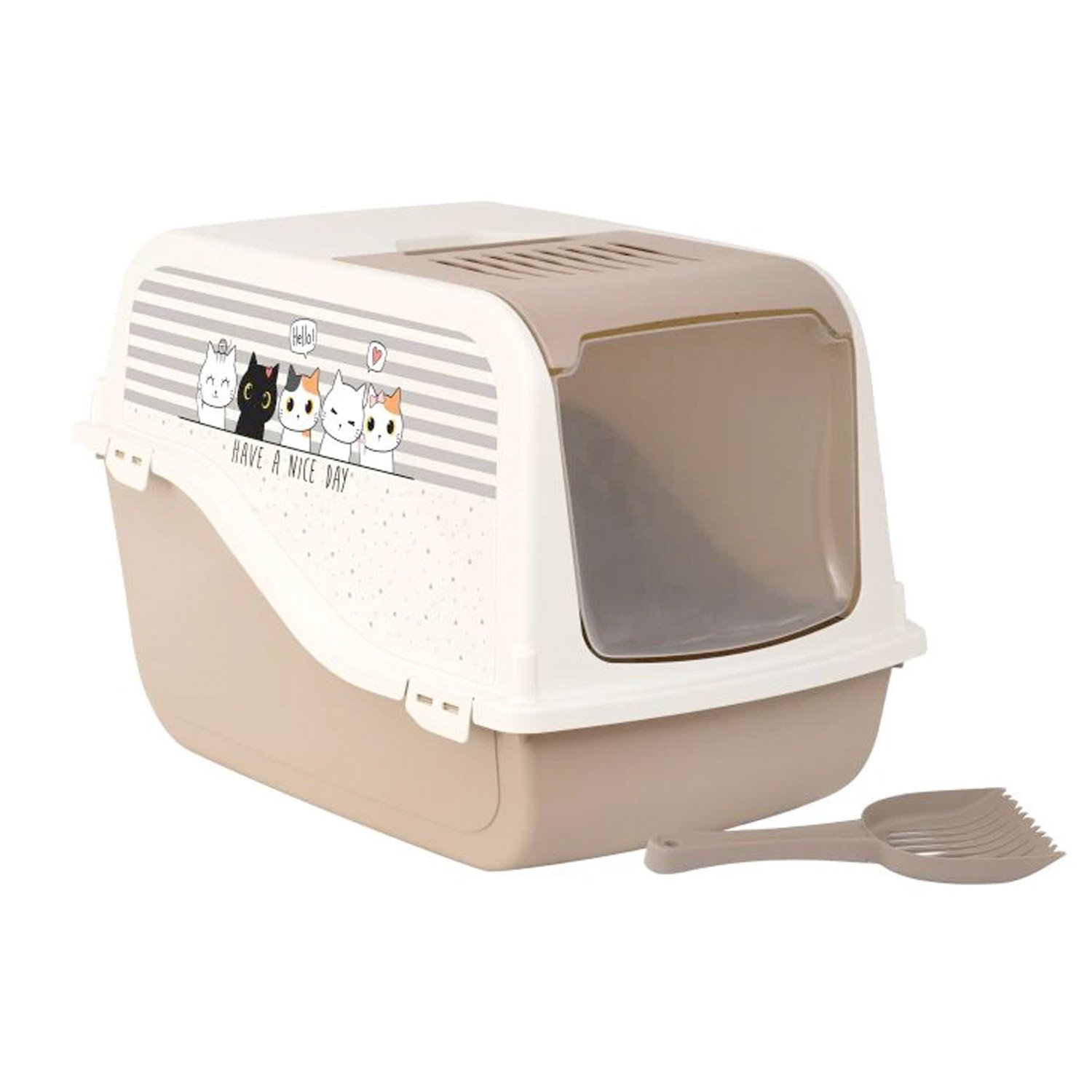 Cat-Litter-Box-ARIEL-TAN.jpg Cat Litter Box ARIEL(TOP FREE) with Cat Clipart - Tan - Image 1