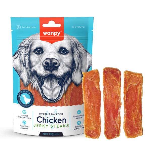 Wanpy-Chicken-Jerky-steaks-600x600-1.jpg Wanpy Chicken Jerky - Steaks 100g - Image 1