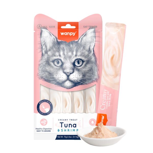 Wanpy-Creamy-Lickable-Tuna-shrimp-1-600x600-1.jpg Wanpy Creamy Lickable Cat Treats - - Tuna & Shrimp (14gx5) - Image 1