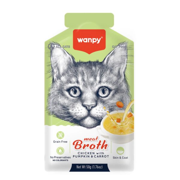 Wanpy-Meat-Broth-Chicken-pumpkin-carrot-600x600-1.jpg Wanpy Meat Broth - Chicken with Pumpkin & Carrot for Cats (50gm) - Image 1