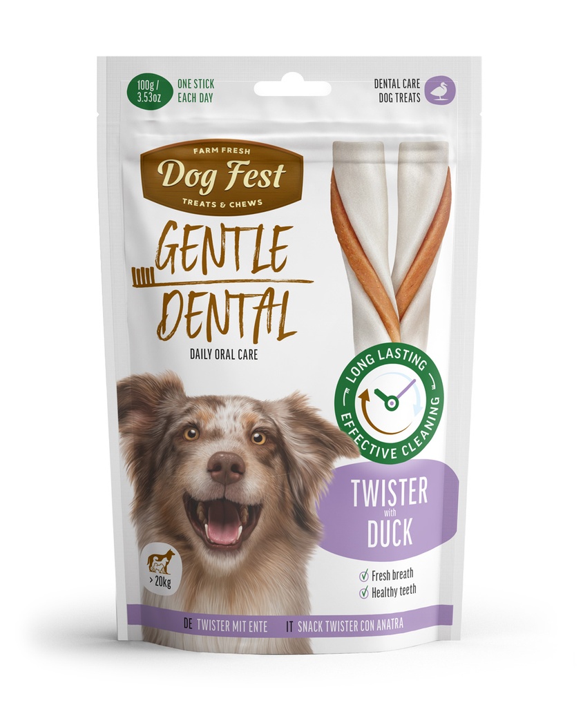 79212600 Dog Fest Dental Treats For Adult Dogs -Twister -Duck 100g (14cm) - Image 1