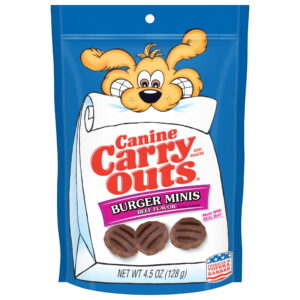 Canine Carry Outs Snacks Burger Minis Beef Flavour Dog Treats 128g - 4.5 oz.
