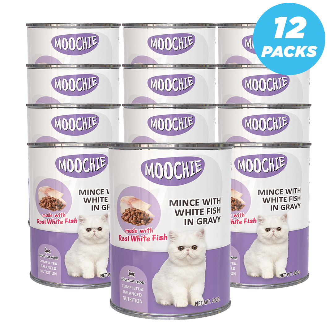 MC04336-Box Moochie Mince With White Fish In Gravy Cat Wet Food Can 400g Pack of 12 - Image 1
