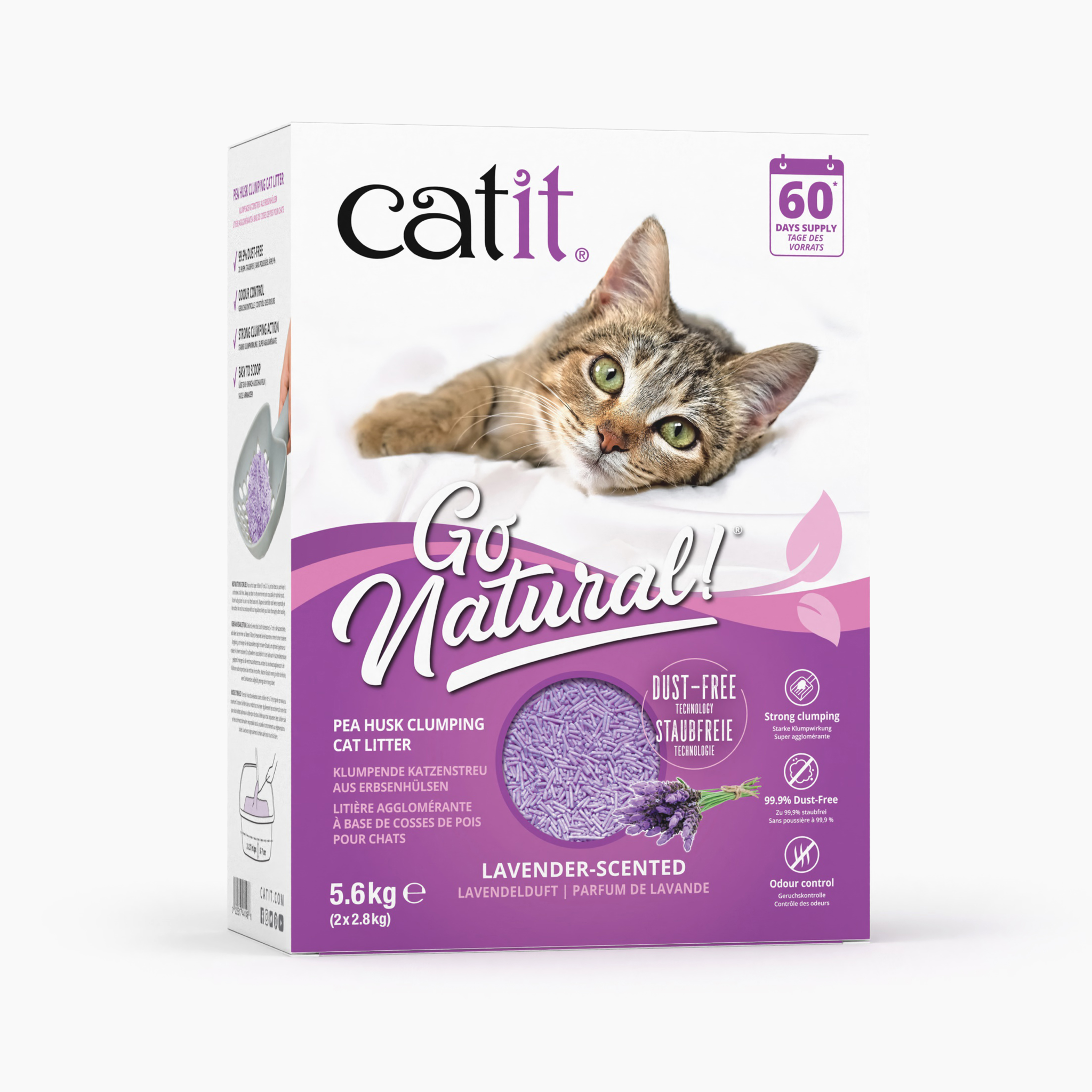 49070.png Catit Go Natural! Pea Husk Clumping Cat Litter, Lavender Scent 2 x 2.8 kg (5.6 kg) - Image 1