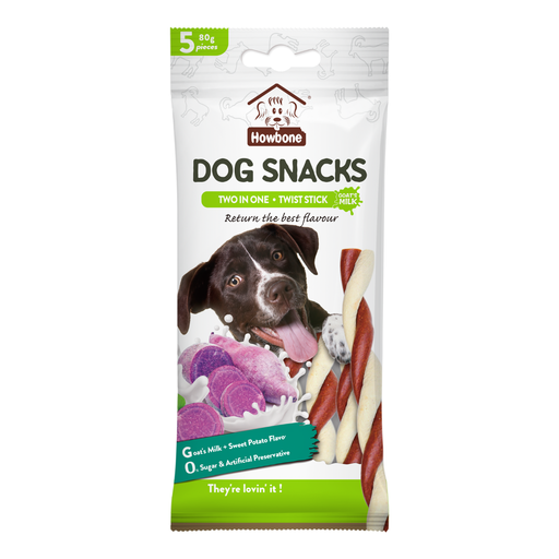 AL-279.png Howbone Dog Snack - Two in One Twist Stick 80g (5pcs) - Goat's Milk+Sweet Potato - Image 1