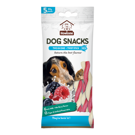 AL-280.png Howbone Dog Snack - Two in One Twist Stick 80g (5pcs) - Goat's Milk+Mixberry - Image 1