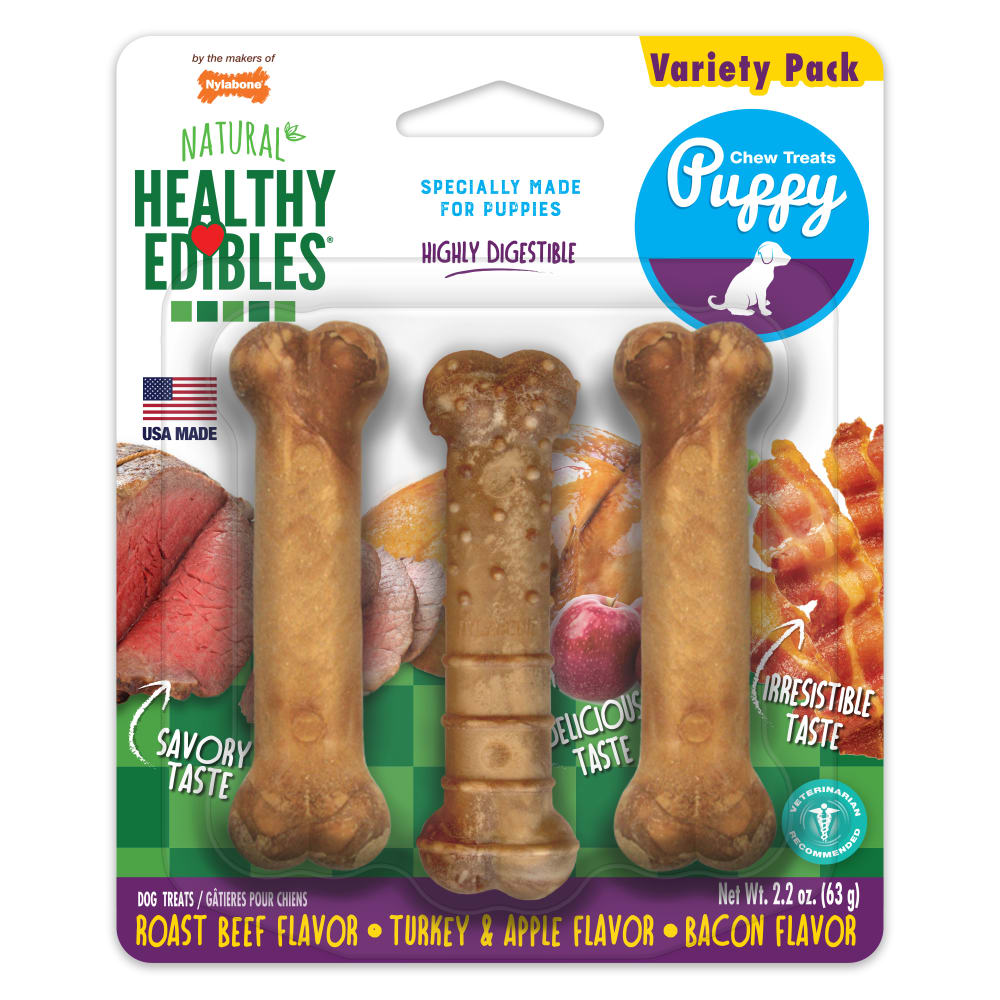 1750753958365454093.jpg Nylabone Healthy Edibles Puppy Starter Kit (Bacon, Roast Beef, Turkey & Apple) 3Ct Card Petite Edible - Image 1