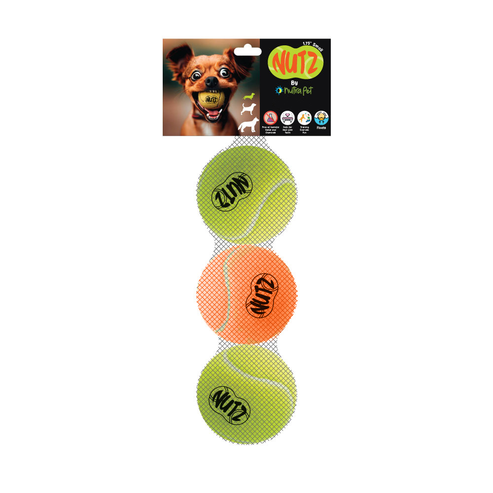 main-180.jpg NutraPet Nutz Tennis Balls 2 Non Squeaker & 1 Squeaker - Small 1.75in - Image 1