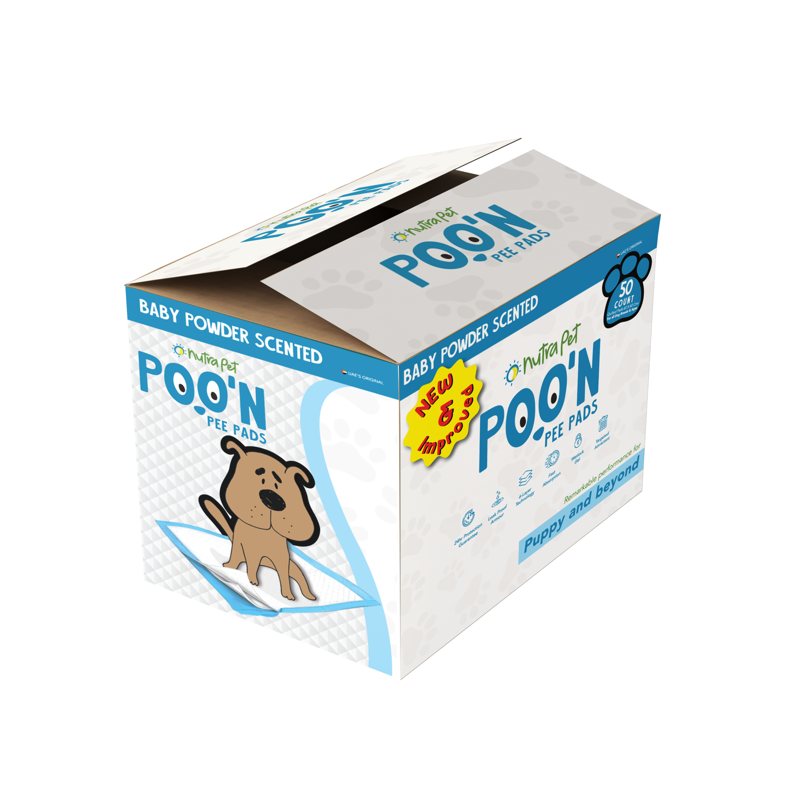 main-41.png NutraPet Poo N Pee Pads Baby Powder Scented - Fast Absorption With Floor Mat Stickers (60x60cms) - 50 Count puppy pads - Image 1