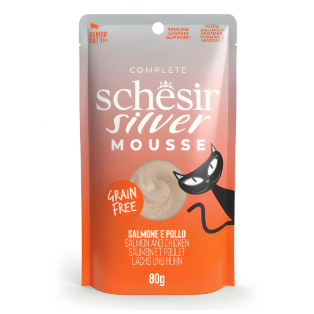 home-8.png Schesir Silver Mousse Senior Cat - Salmon And Chicken 80g (Min Order- 12 Pouch) - Image 1