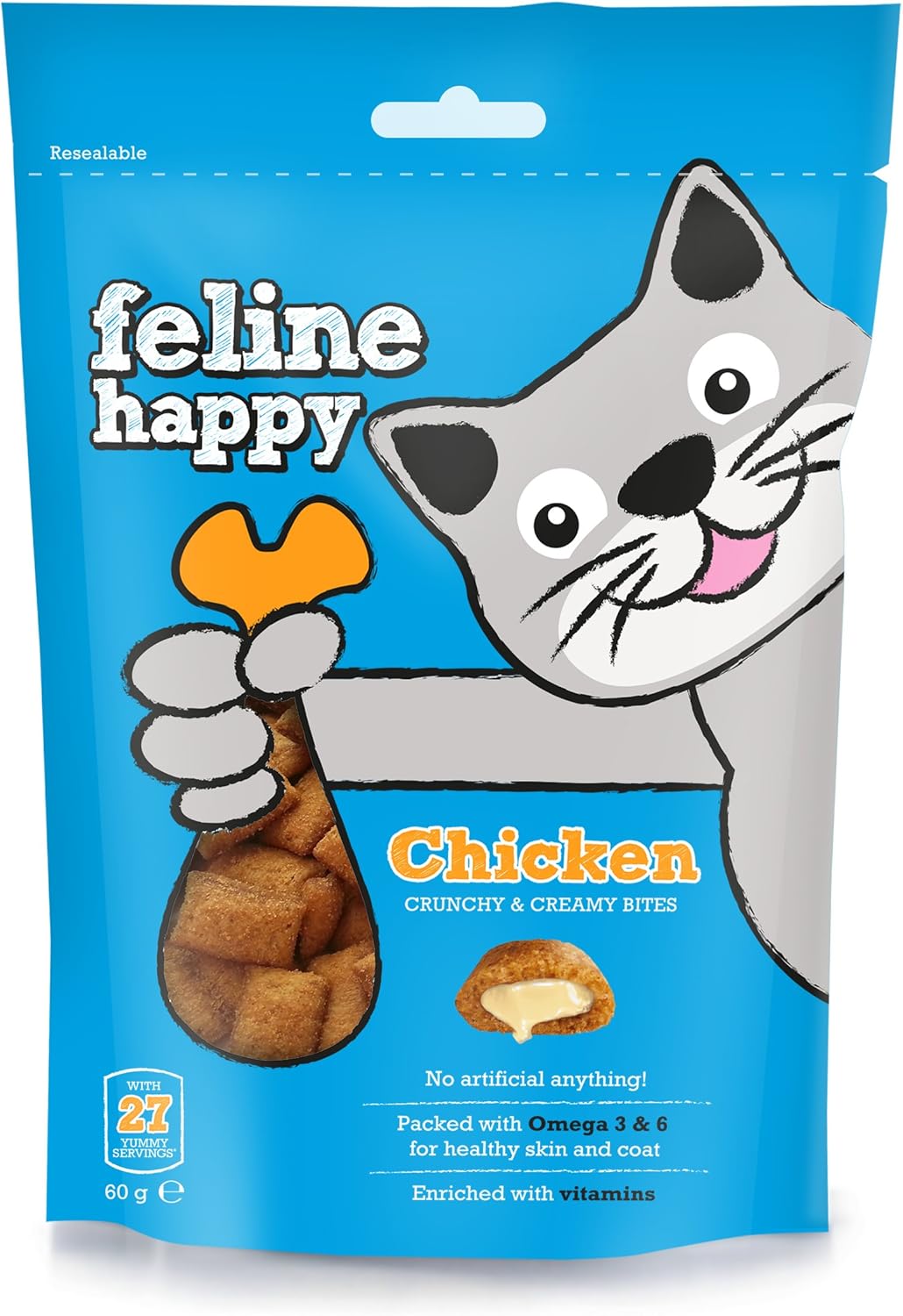1785145089503838608.jpg Mark & Chappell Feline Happy Chicken Crunchy & Creamy Cat Treats 60g - Image 1