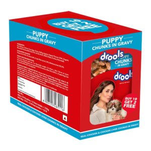 Drools Puppy Wet Dog Food, Real Chicken and Chicken Liver Chunks in Gravy,10 Pouches + 2 Pouches Free (12 x 60g )