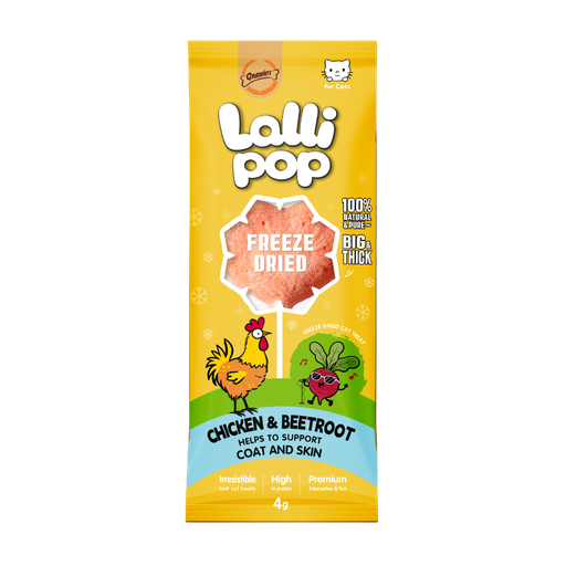 home-22.png Gnawlers Freeze Dried Lollipop Cat Treat -Chicken & Beetroot 4g x15pcs-Coat & Skin Support – Display Box - Image 1