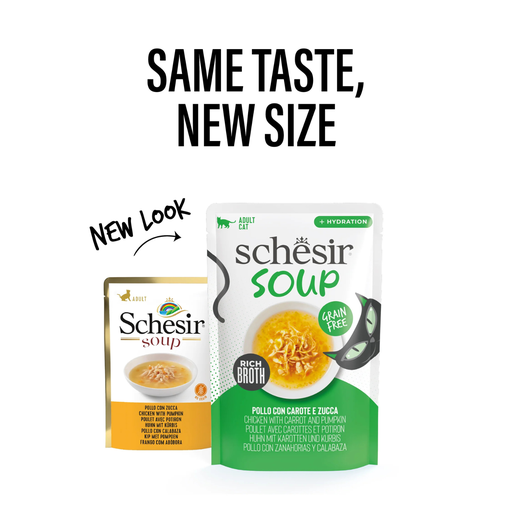 home-32.png Schesir Soup Cat Wet Food in Soup Pouch-Chicken With pumpkin 40g – MOQ:12pcs - Image 1