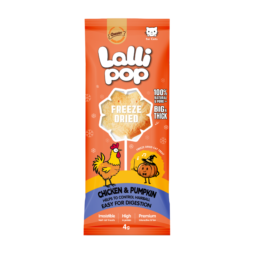 home.png Gnawlers Freeze Dried Lollipop Cat Treat -Chicken & Pumpkin 4g x15pcs-Easy Digestion – Display Box - Image 1