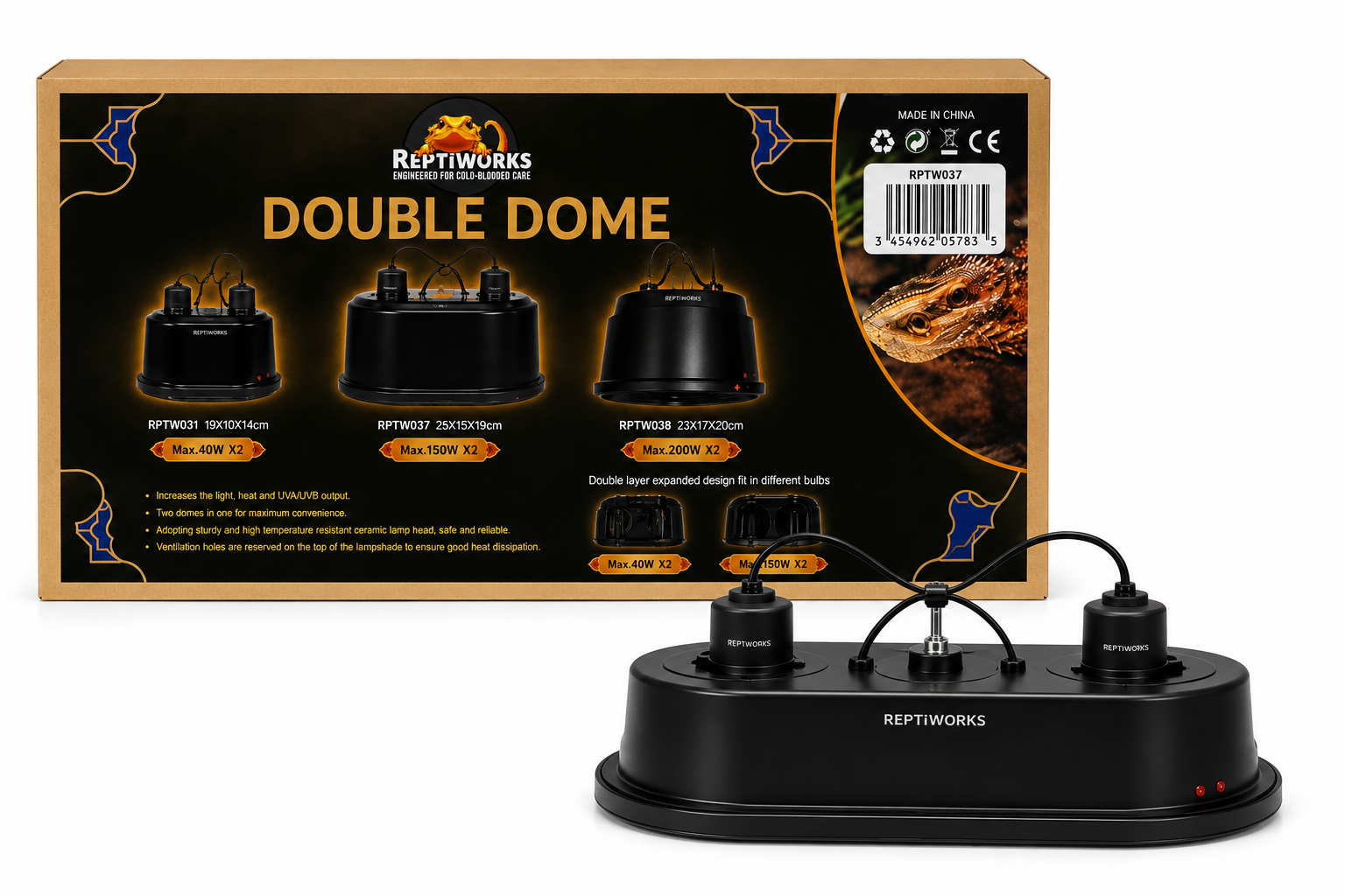 17842749011709581381.png ReptiWorks Double Dome Max.150W×228.5X14.5X19Cm / 11.2"X5.7"X7.4" - Image 1