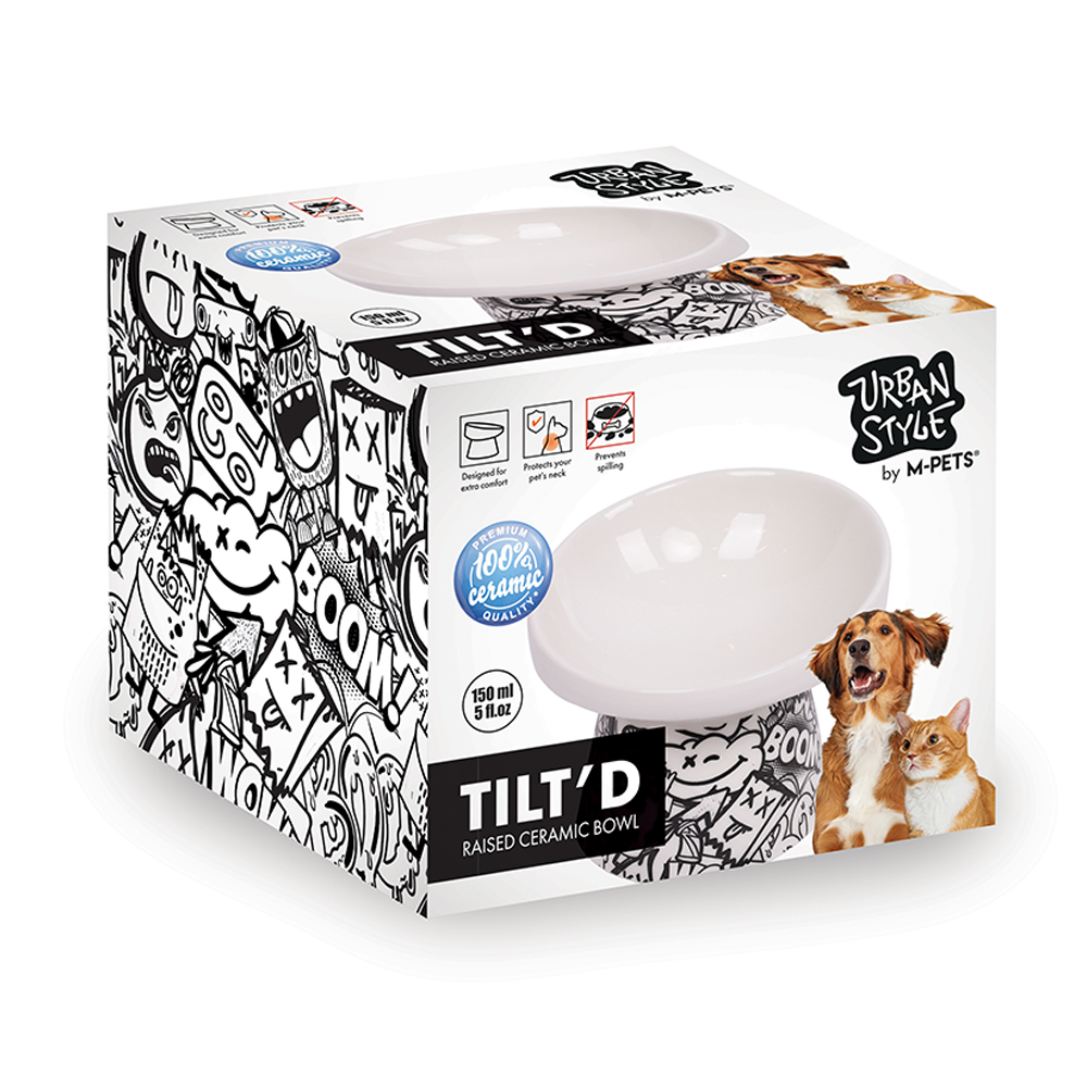 17851401261602858934.png M-PETS Freestyle Tilt’D Raised Ceramic Bowl Black & White 150ml - Image 1
