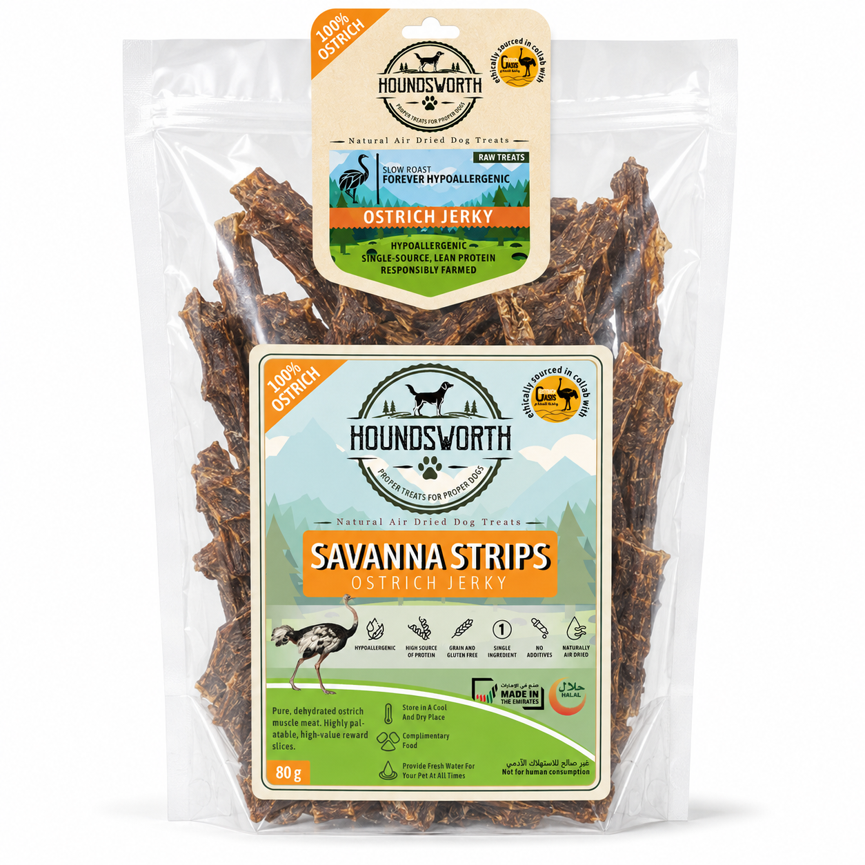 17885302682140680085.png Houndsworth Hypoallergenic Ostrich Jerky Savanna Strips 80g - Image 1