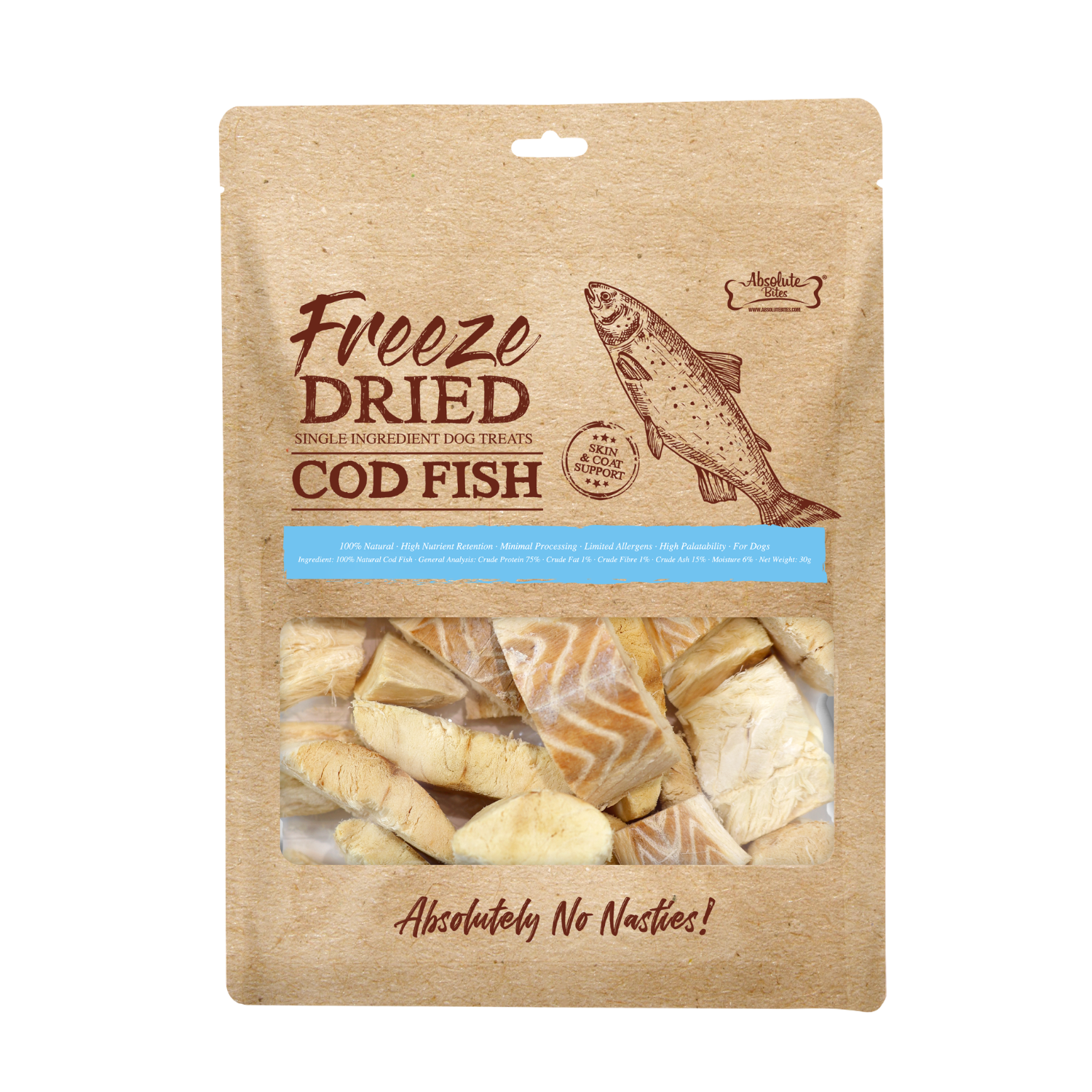 Absolute Bites Freeze Dried Dog Treats - Cod Fish 30g Absolute Bites Freeze Dried Dog Treats - Cod Fish 30g - Image 1